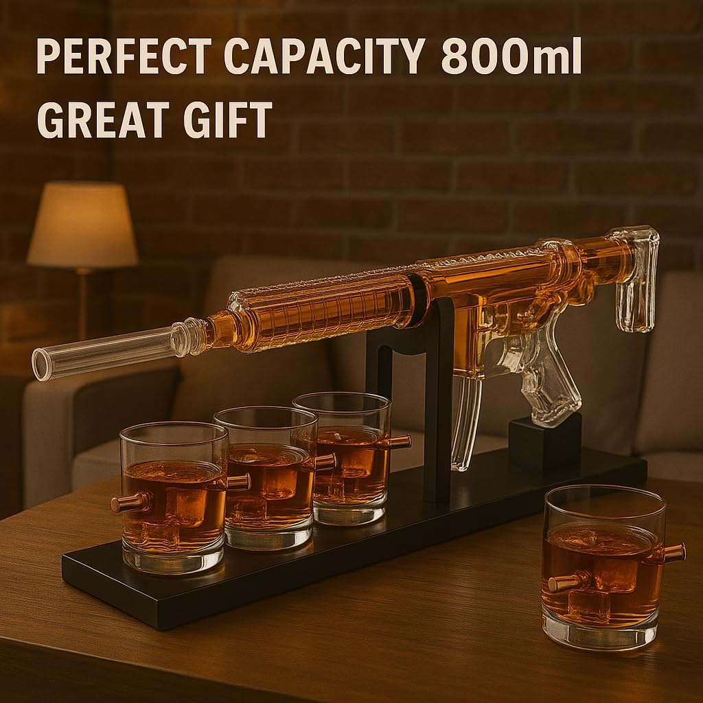 AR15 Rifle Limited Edition Whiskey Decanter with Silencer Stopper - 800 ml & 4PCS 12oz Bullet Glasses