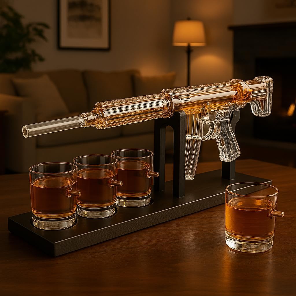 AR15 Rifle Limited Edition Whiskey Decanter with Silencer Stopper - 800 ml & 4PCS 12oz Bullet Glasses