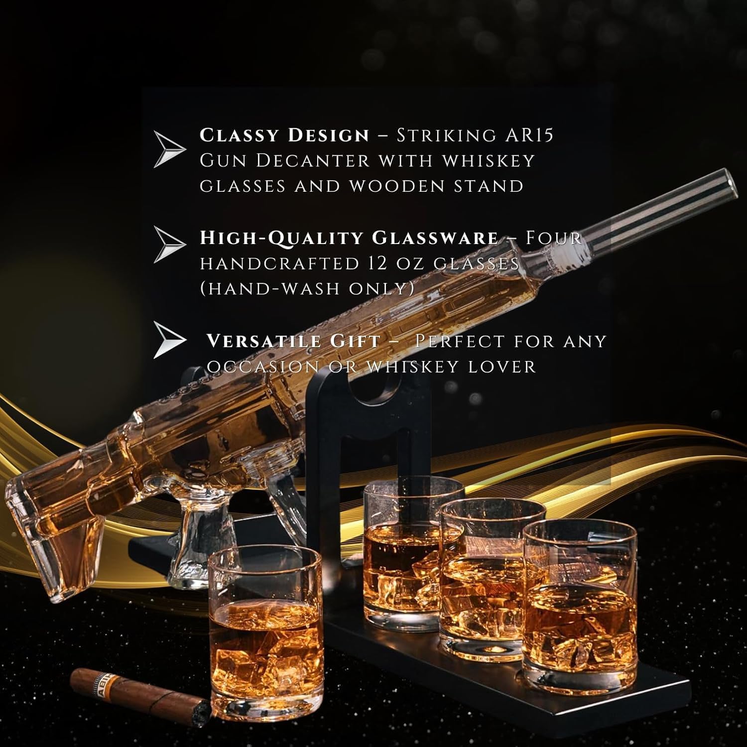 AR15 Rifle Limited Edition Whiskey Decanter with Silencer Stopper - 800 ml & 4PCS 12oz Bullet Glasses