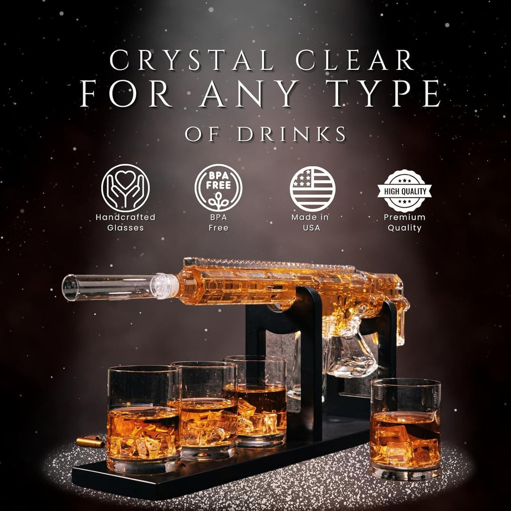 AR15 Rifle Limited Edition Whiskey Decanter with Silencer Stopper - 800 ml & 4PCS 12oz Bullet Glasses