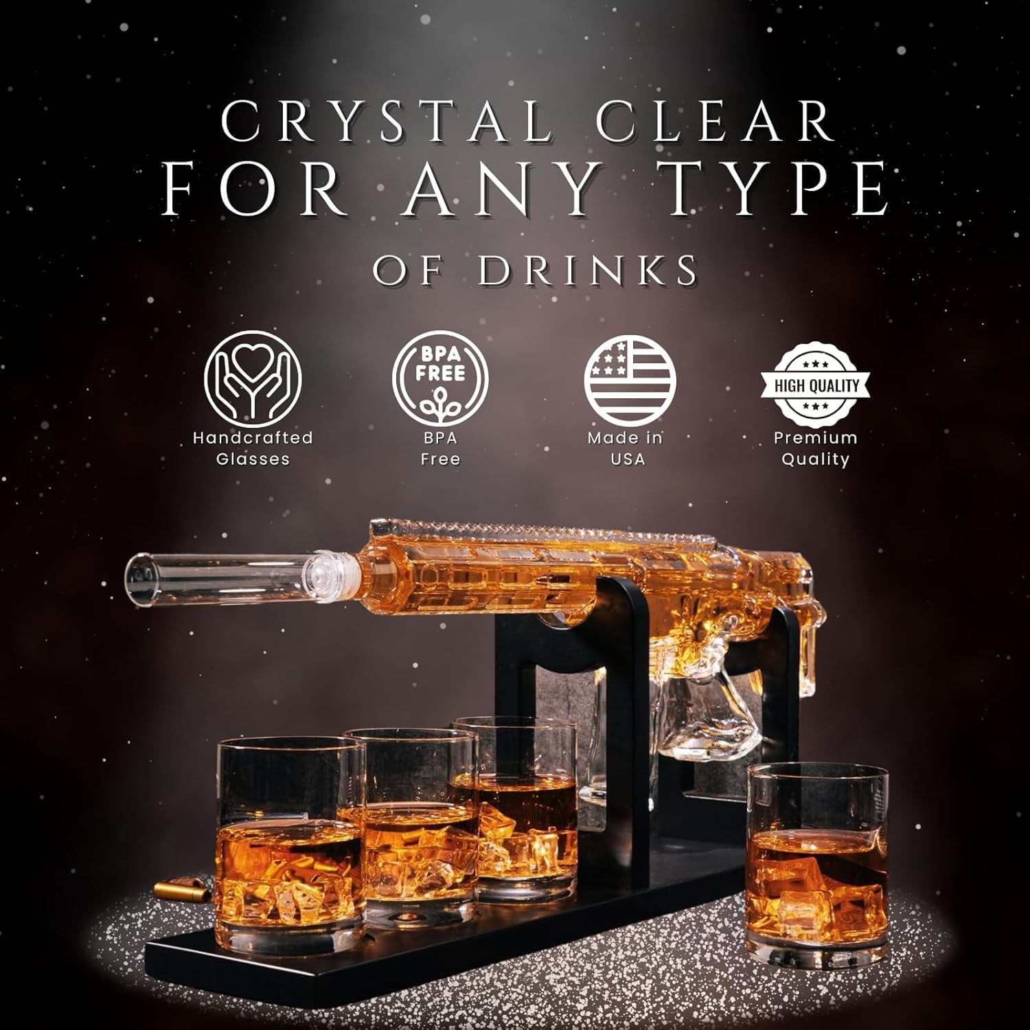AR15 Rifle Limited Edition Whiskey Decanter with Silencer Stopper - 800 ml & 4PCS 12oz Bullet Glasses