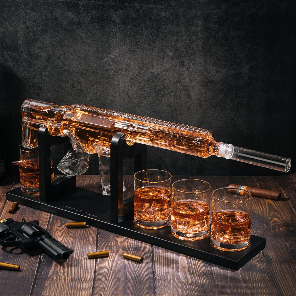 AR15 Rifle Limited Edition Whiskey Decanter with Silencer Stopper - 800 ml & 4PCS 12oz Bullet Glasses